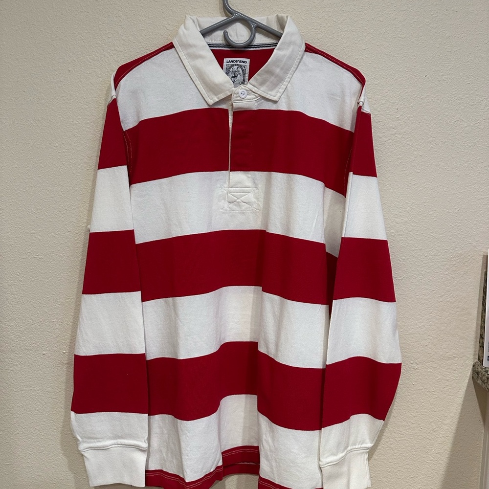 Brand New Lands' End Men’s Red and White Rugby Shirt